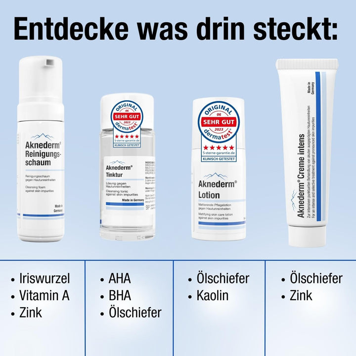 Aknederm Premium Set intens für normale Haut - Set mit Tinktur/Reinigungsschaum/Lotion/Creme intens