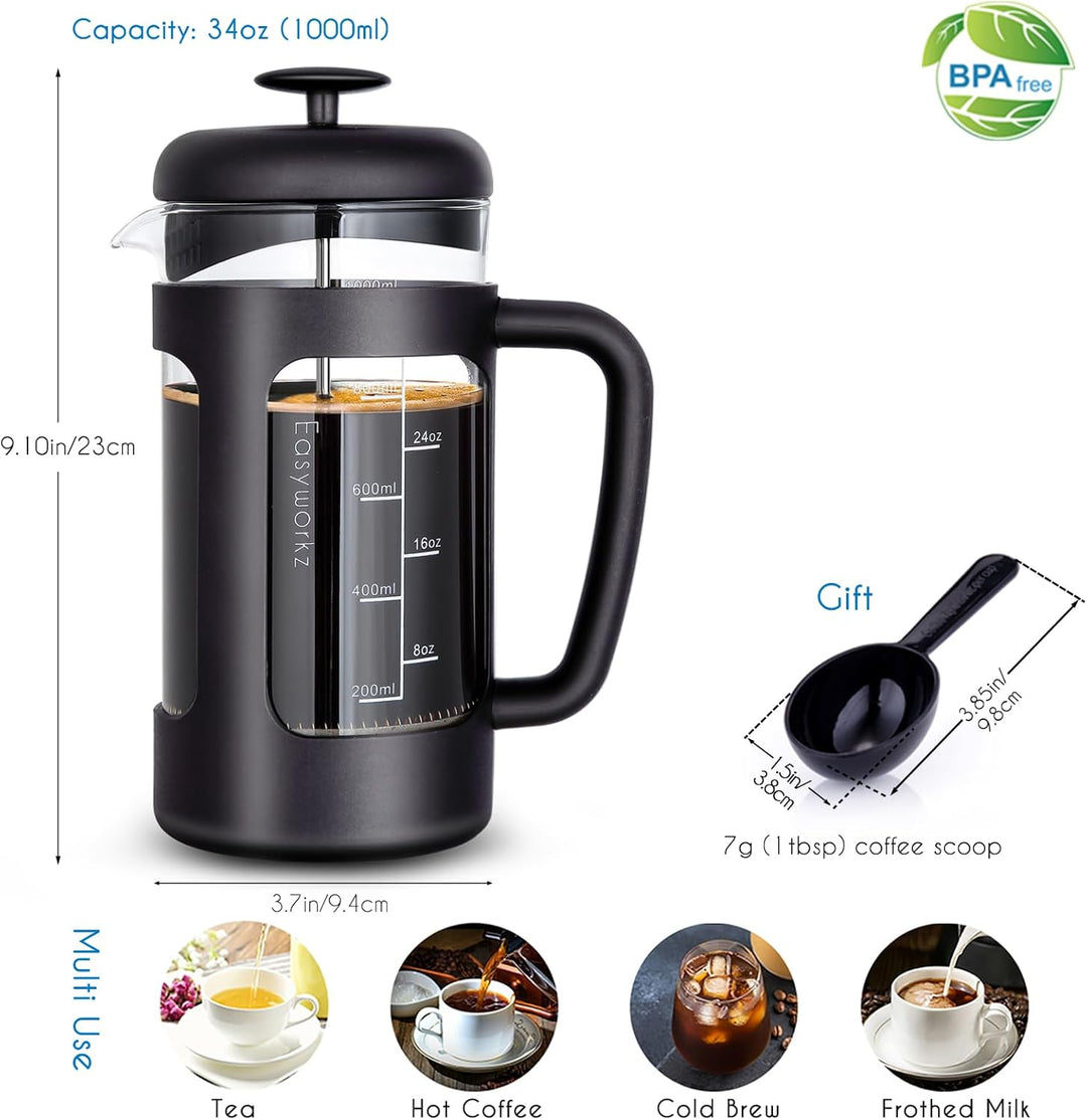 Easyworkz French Press 1000 ml Kaffeebereiter Kaffeepresse mit Borosilikatglas,rutschfester weicher