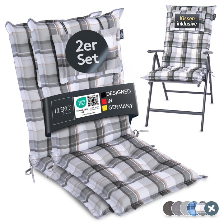 LILENO HOME Gartenstuhl Auflagen als [2er Set - Hochlehner] in Karo Grau Y - Bequeme Liegen als Sitz