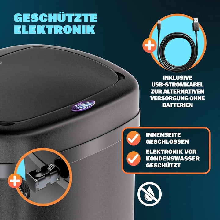 Monzana® Mülleimer mit Sensor Küche 50L Edelstahl Automatik Deckel Klemmring inkl. USB-Kabel Abfalle