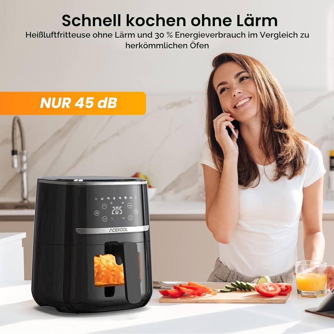 Acekool Heissluftfritteuse 4,5L XXL Friteuse Heissluft Fritteusen Air Fryer mit Silicon Liner, 45dB