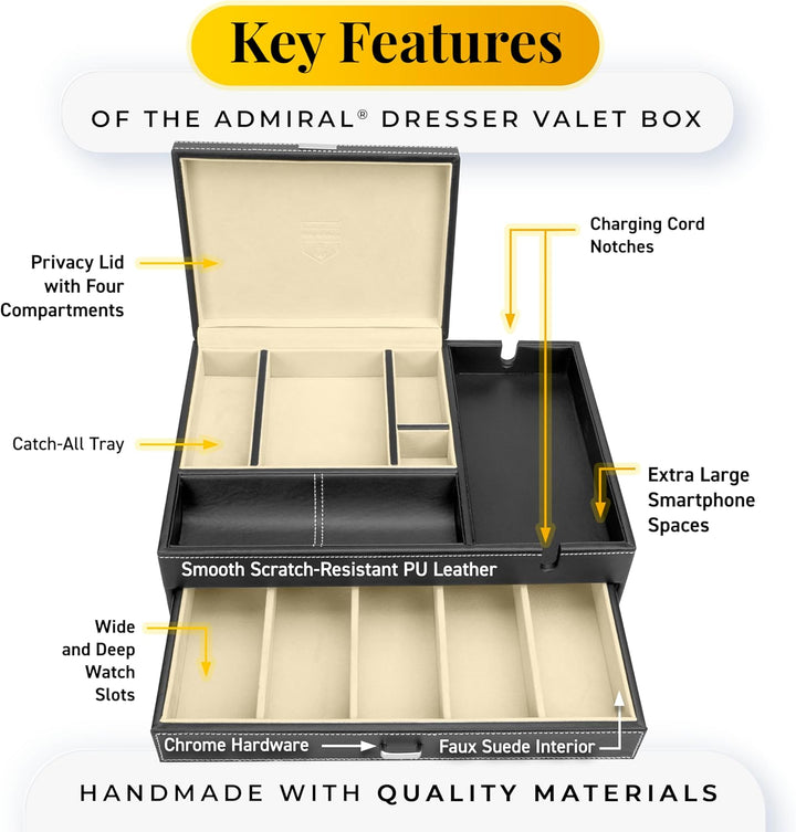 HOUNDSBAY Admiral Kommode Valet Box & Herren Schmuck Box Veranstalter mit Ladestation Smartphone (El
