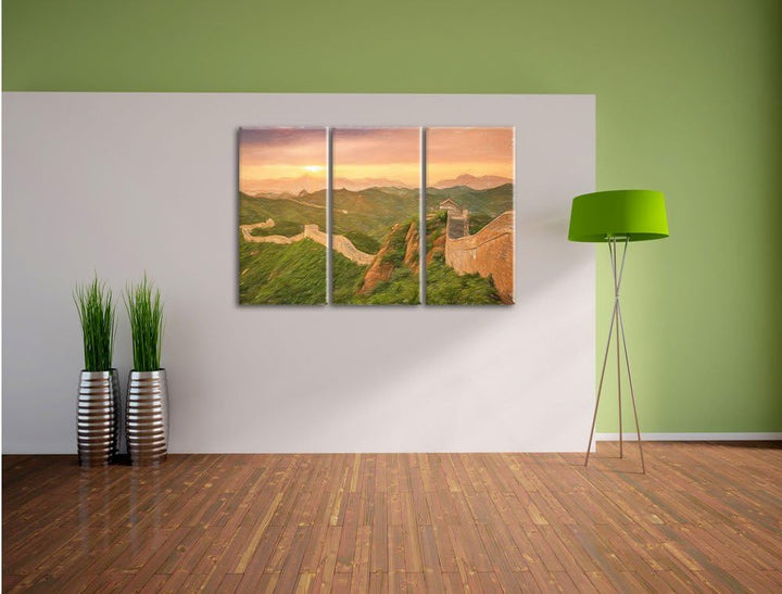 Pixxprint Chinesische Mauer / 3-Teilig/Gesamtmass 120cm Leinwandbild bespannt auf Holzrahmen/Wandbil