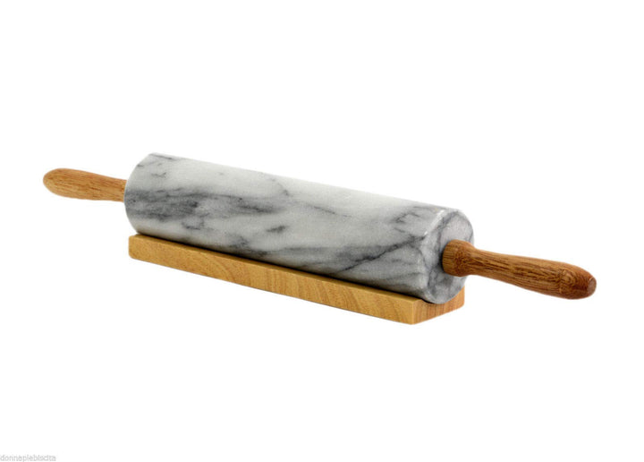 Cbam Teigroller aus weissem Marmor, mit Holzbasis, Horwood Rolling Pin &amp; Stand