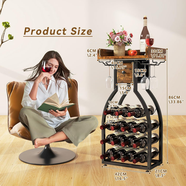 IBUYKE Weinregal Freistehend für 15 Flaschen,Flaschenregal mit Glashaltern und Speicher Schublade,Mi