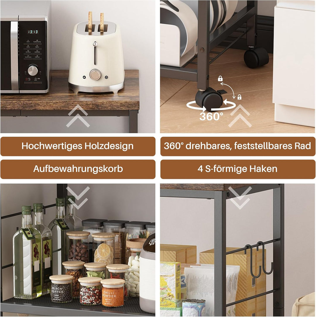 Metall Küchenregal mit Arbeitsplatte, 3 Ebenen Servierwagen mit Rollen für Mini-Backofen, Mikrowelle