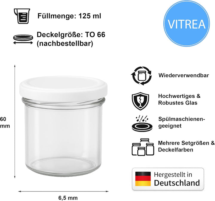 Vitrea 25x Marmeladengläser 125 ml - mit Deckel Weiss TO 66 - Einmachgläser zum befüllen mit Schraub