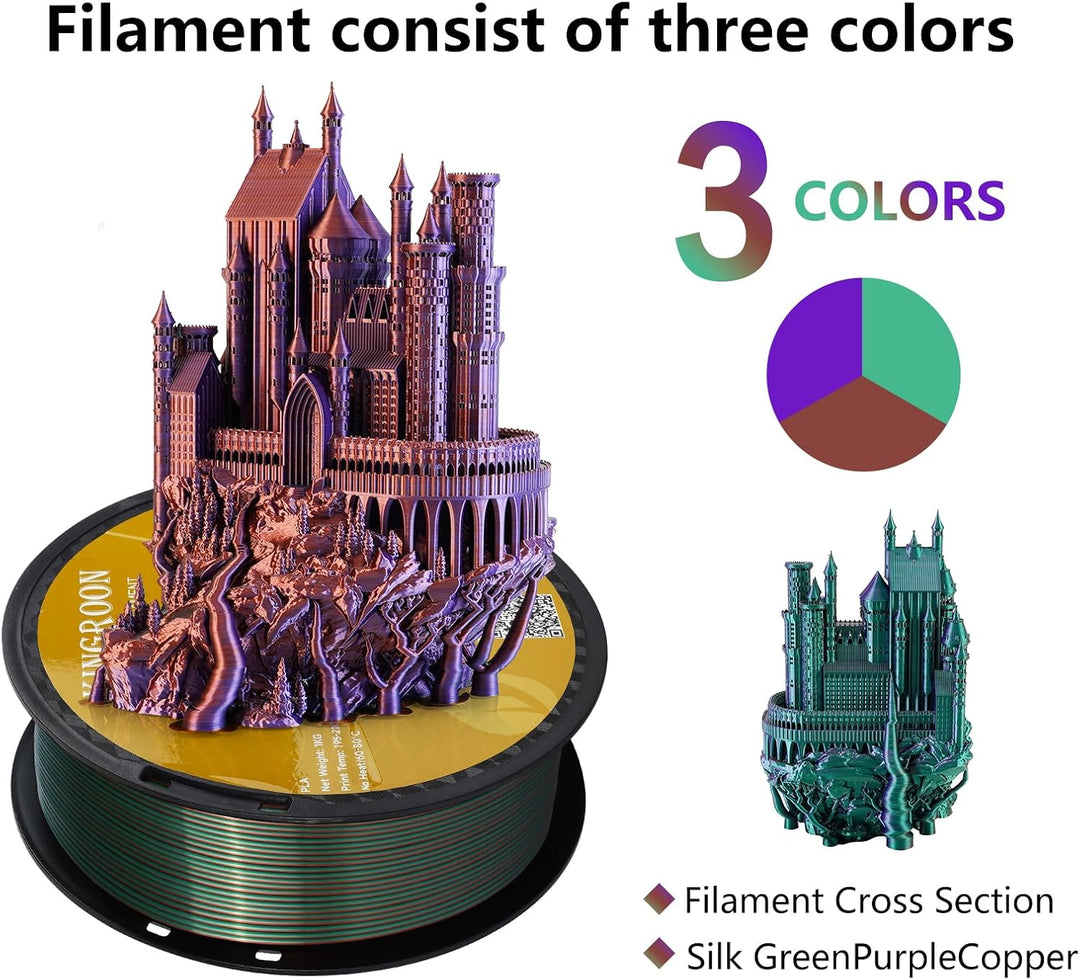 Kingroon PLA 3D-Drucker-Filament, dreifarbiges Seiden-PLA-Filament, Massgenauigkeit +/- 0,03 mm, 1-k
