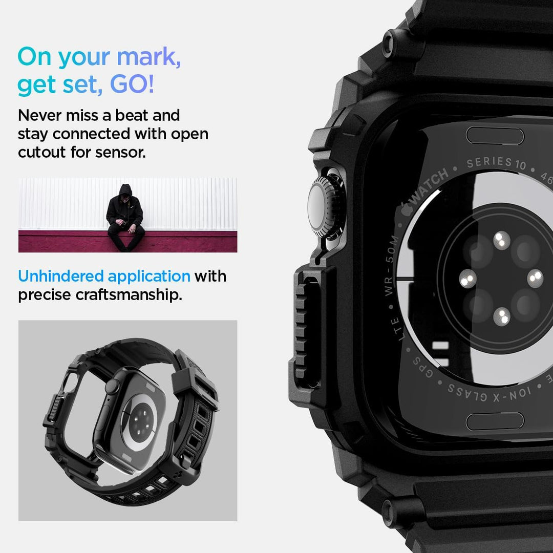 Spigen Rugged Armor Pro Hülle mit Armband Kompatibel mit Apple Watch 11/10 46mm (2025/2024) Matte Bl