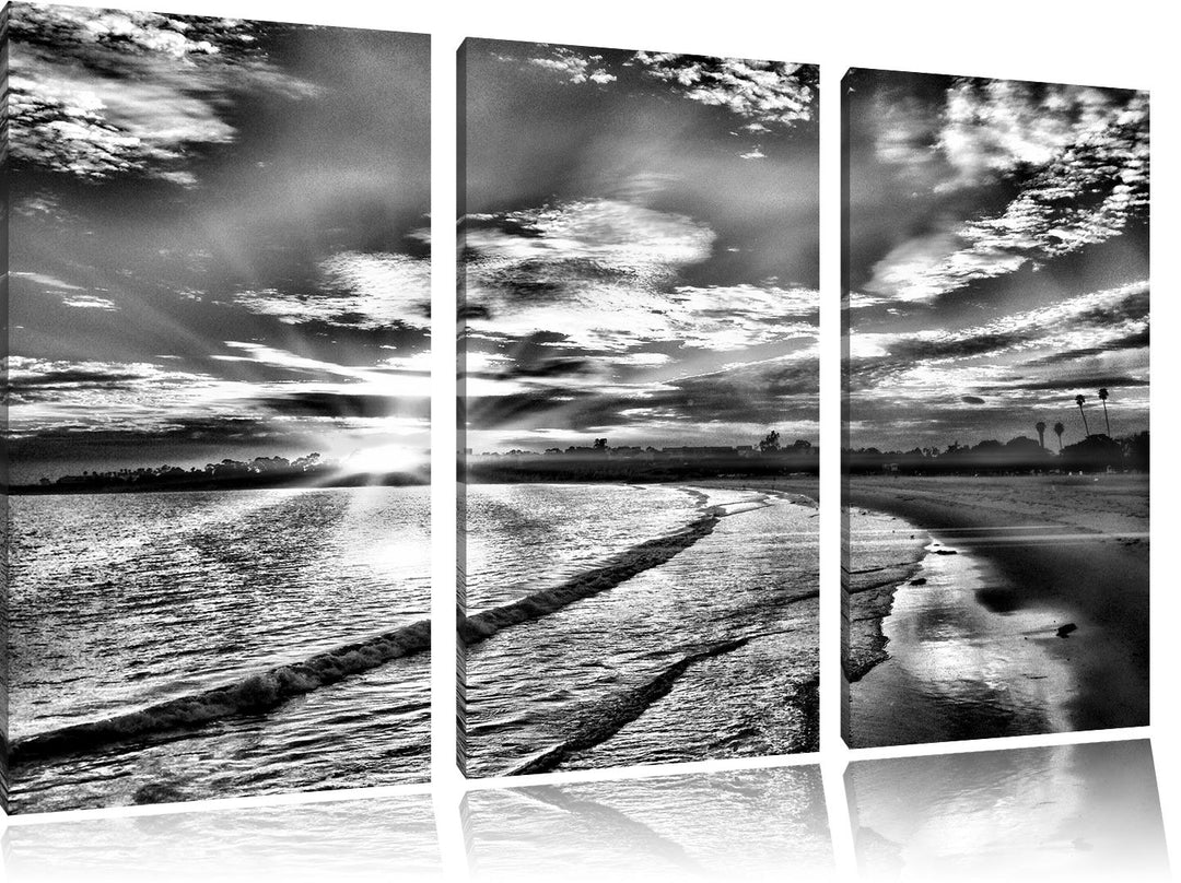 Pixxprint Monocrome, Los Angeles Beach 3-Teiler Leinwandbild 120x80 Bild auf Leinwand