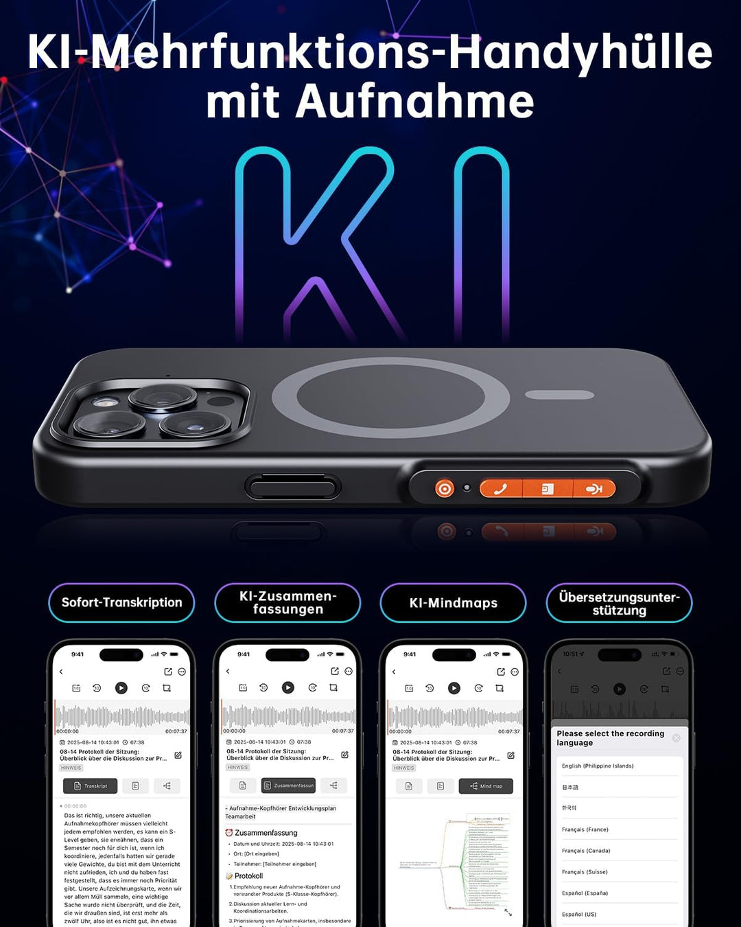 KI Digitales Diktiergerät mit Handyhülle, App-Steuerung, Unterstützt 80+ Sprachen, Transkribieren un