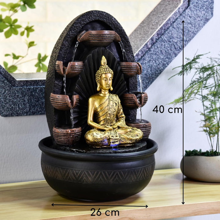 Innenbrunnen Wasserwand Kaskade Buddha Statue Abnehmbares farbenfrohes LED-Licht, Lucky Fountain mit