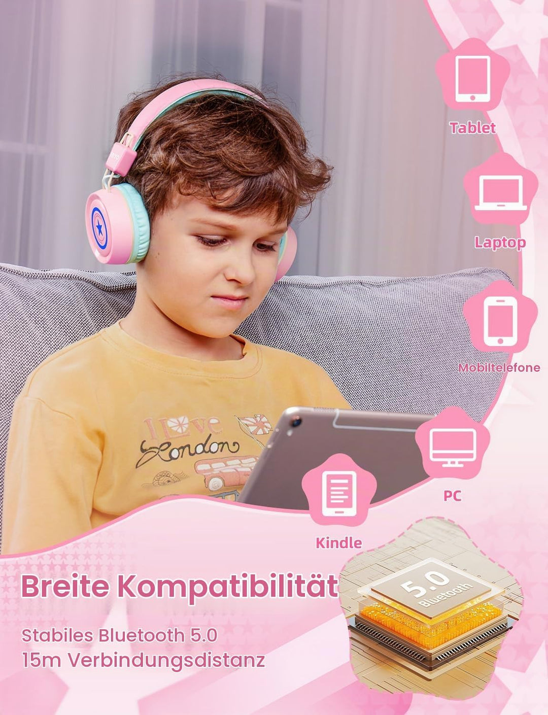 riyo Bluetooth Kopfhörer Kinder, Kinderkopfhörer Kabellos mit LED-Leuchten Bluetooth 5.0 Kinder Kopf