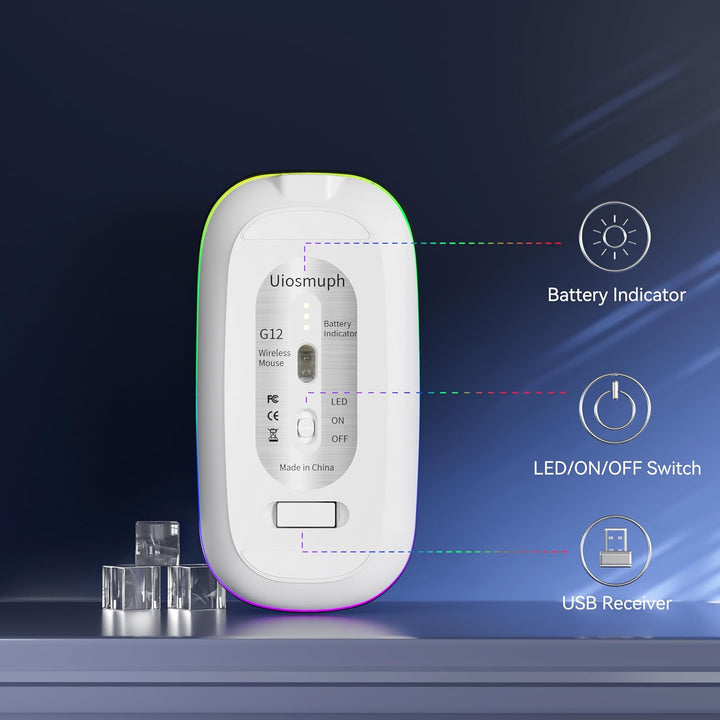 Uiosmuph G12 Maus Kabellos, LED 2.4G Leise Funkmaus Wiederaufladbar Wireless Mousemit Nano USB Empfä