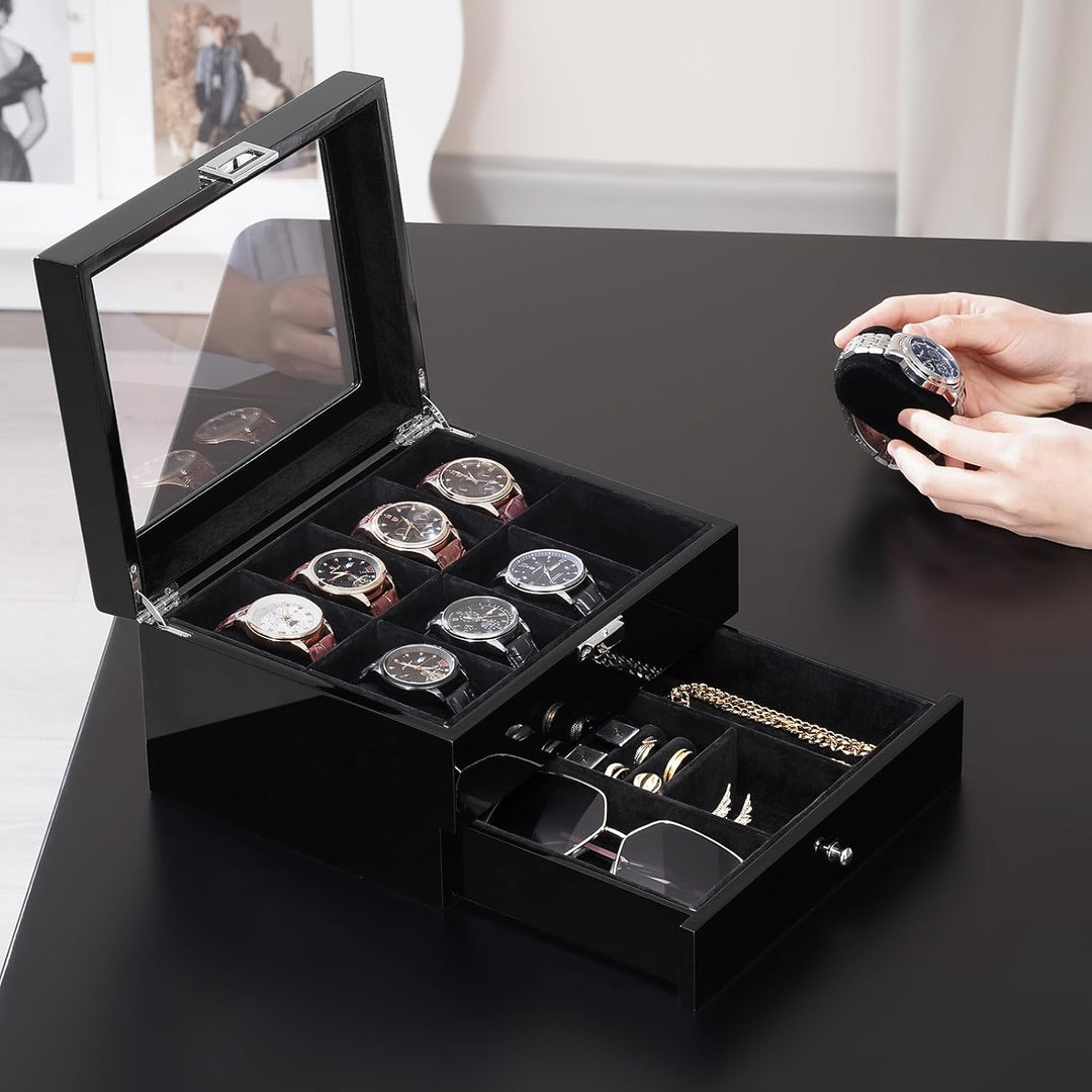 ProCase Uhrenbox mit 8 Fächern, Uhrenkasten Uhrenkoffer mit Glasdeckel Uhrenkissen, Uhrenschatulle f