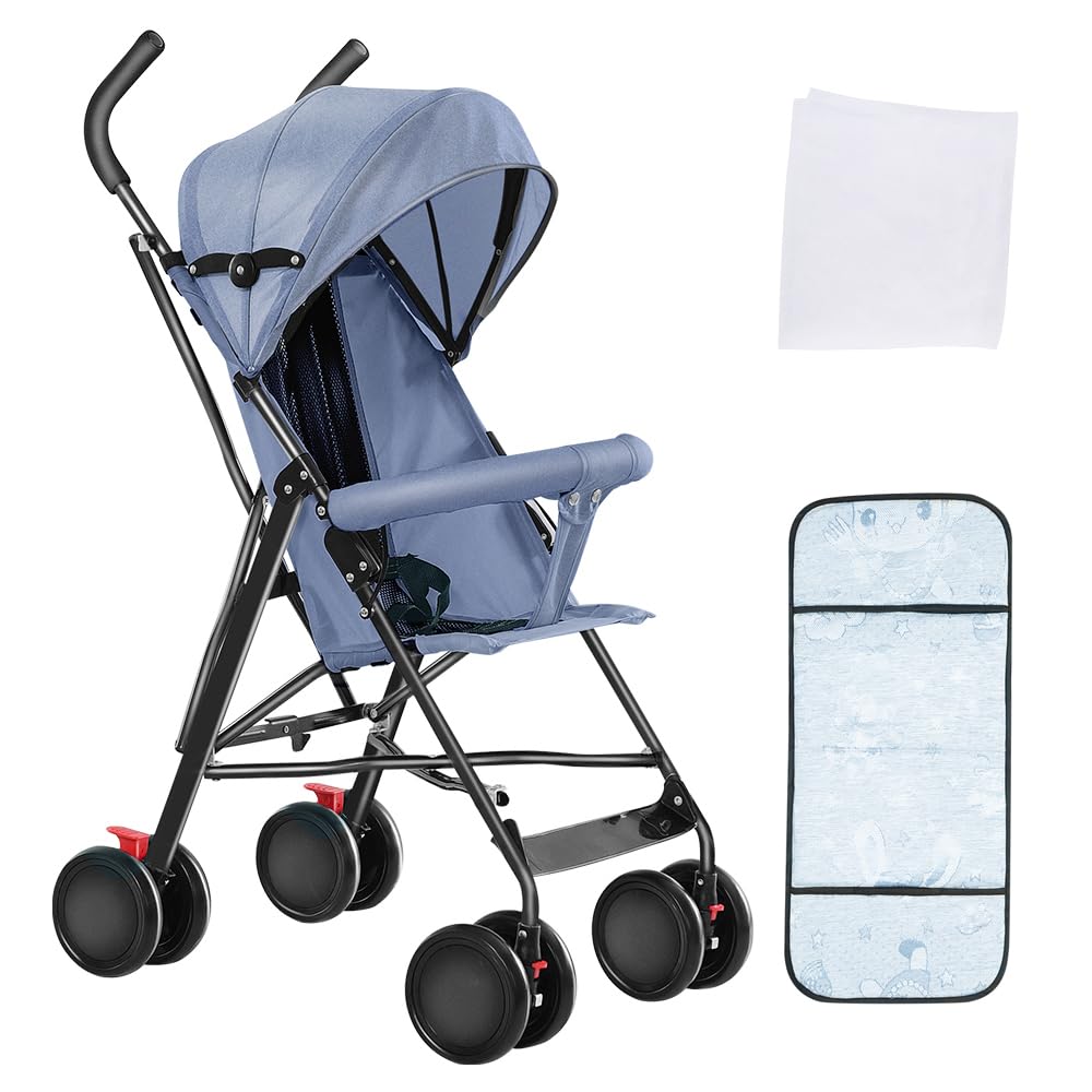 Kinderbuggy, Kinderwagen Zusammenklappbar, Reise-Kinderwagen mit Wattepads und Moskitonetzen (Blau),