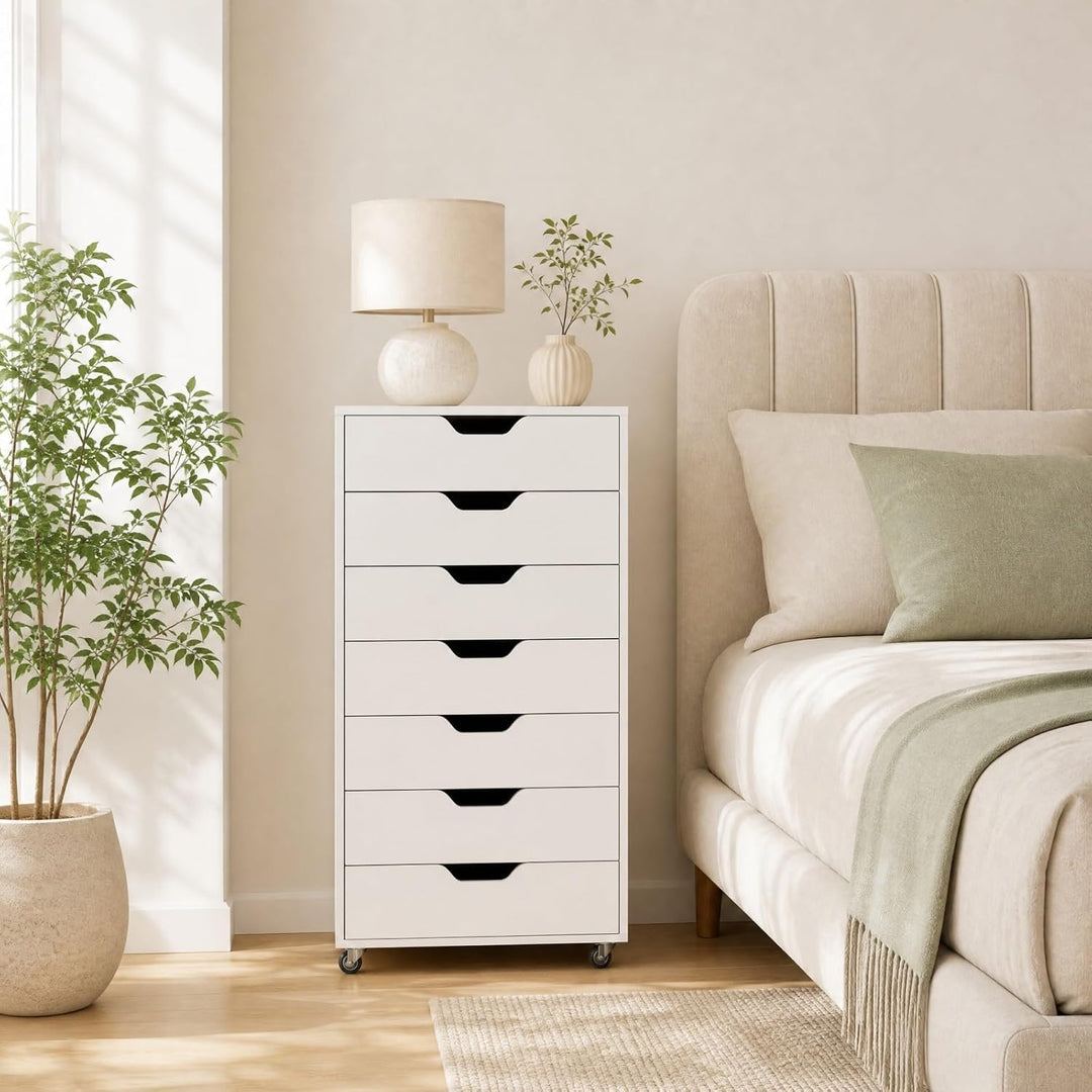 GIANTEX Rollcontainer mit 7 Schubladen, Aktenschrank mit Rollen, Schubladenschrank Holz, Druckertisc