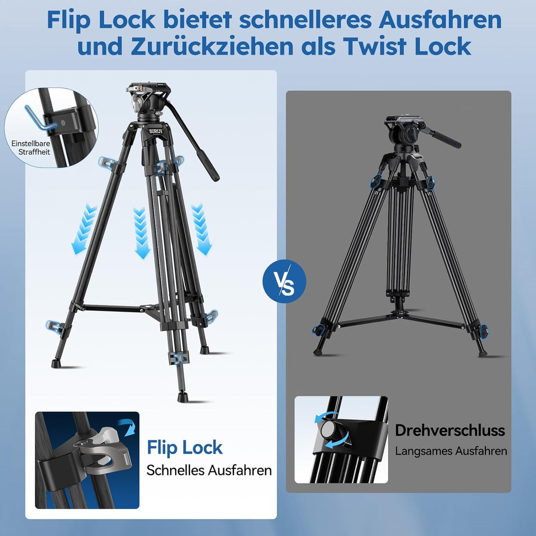 SIRUI AVT-12 Carbon Profi-Videostativ 185cm mit Flüssigkopf, Schnellwechselplatte, 15kg Tragkraft un