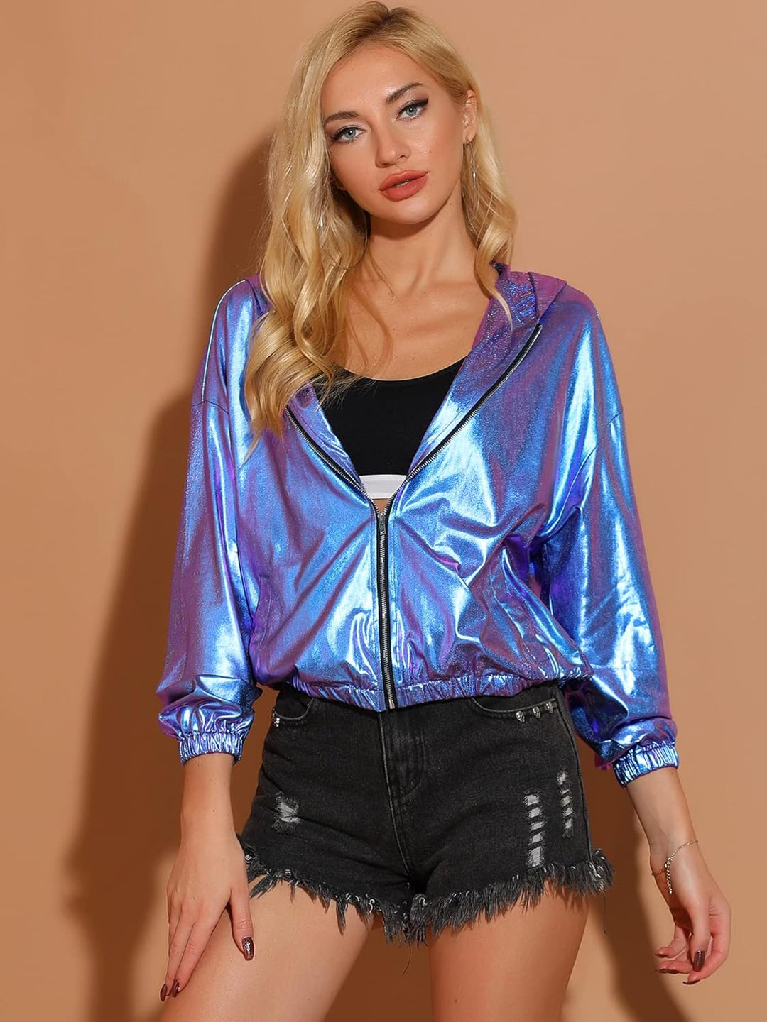 Allegra K Damen Bluson Langarm Metallic Jacke Holographic Party Reissverschluss Kapuzenjacke XS Blau