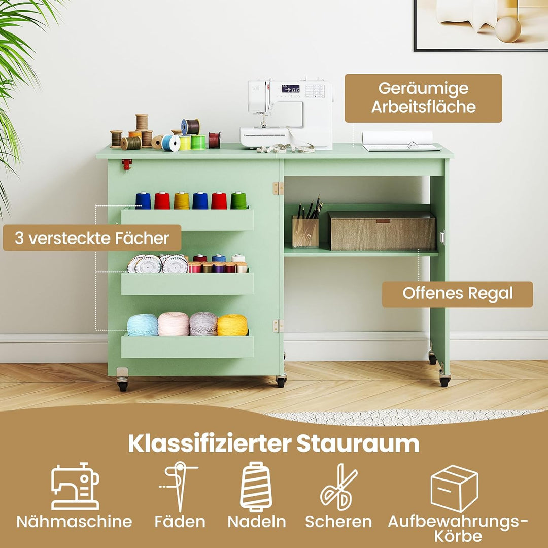COSTWAY 2 in 1 Nähtisch klappbar, Nähmaschinenschrank Holz mit Regalen &amp; Ablagefach, Nähschrank mit