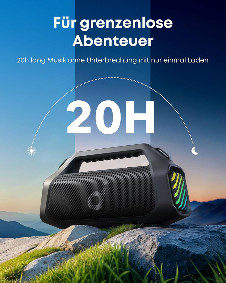 soundcore Boom 2 Pro Outdoor-Lautsprecher, 140W, 2+2 Kanäle, BassUp 2.0, 20h, IP68, RGB-Lichter, Pow