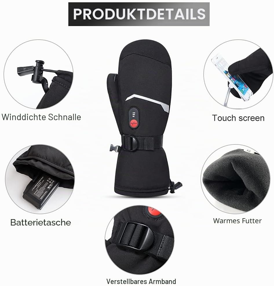 Beheizbare Ski-Fäustlinge – 7,4 V 2200 mAh Akku, 3 Heizstufen (40/50/60 °C), volle Finger-Heizfläche