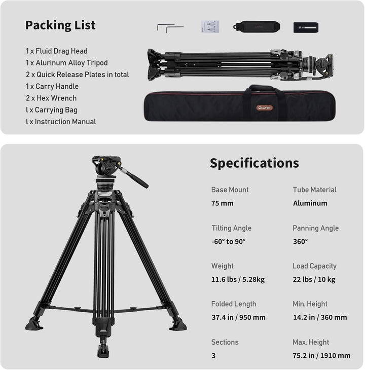 Cayer FA310H Video Tripod with K10 Fluid Head - One-Touch Leg Locks & Rapid Adjust - 22 lbs Load Alu