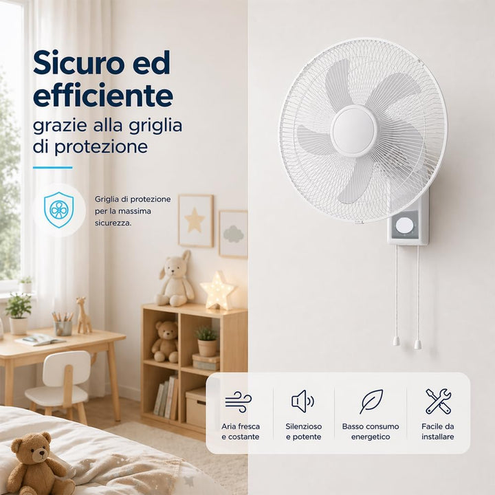 BAKAJI Wandventilator mit Gitter 43 cm, 5 Flügel, 3 wählbare Geschwindigkeitsstufen, 65 Watt Leistun
