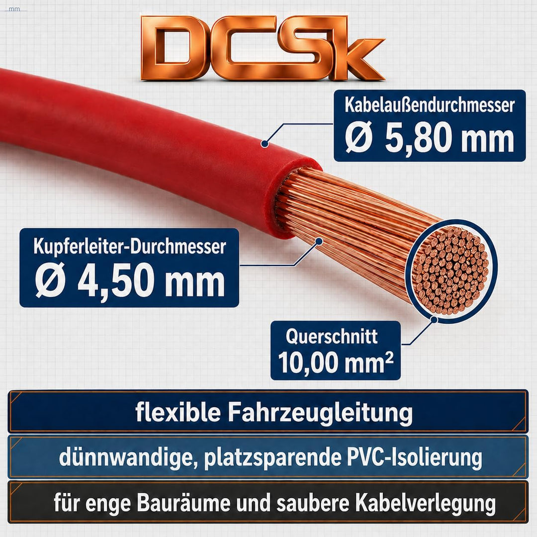 DCSk Fahrzeugleitung - 10mm² - 5m - FLRY B asymmetrisch - 10 mm² - KFZ Kabel Litze - Rot - 10mm2 10m