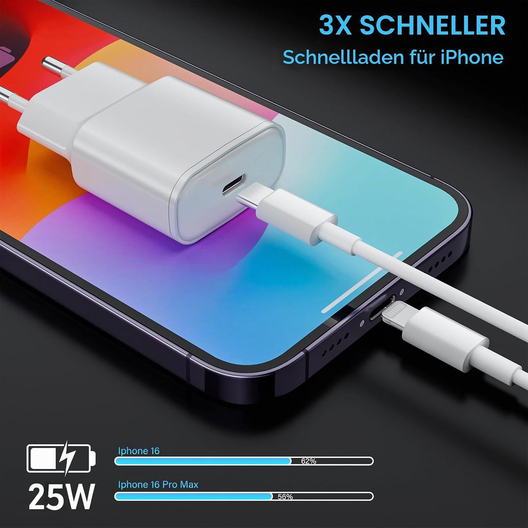 25W 3 Pack für iPhone Schnellladegerät und Ladekabel, USB C Ladegerät 2M Schnellladekabel Stecker Ne