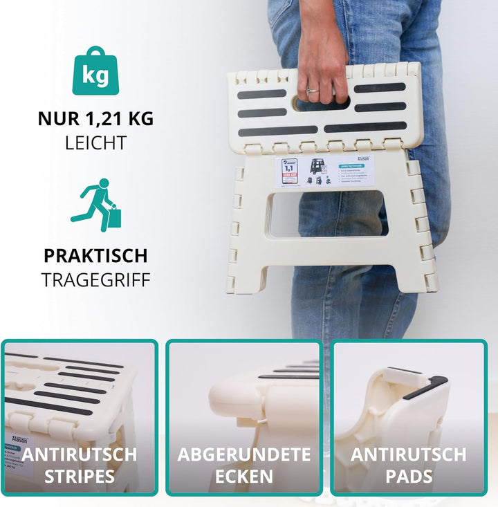 VERGLEICHSSIEGER - Alason Tritthocker Klappbar 22 cm, Belastbar bis 150 kg – Mit Aufhängehaken &amp; Auf