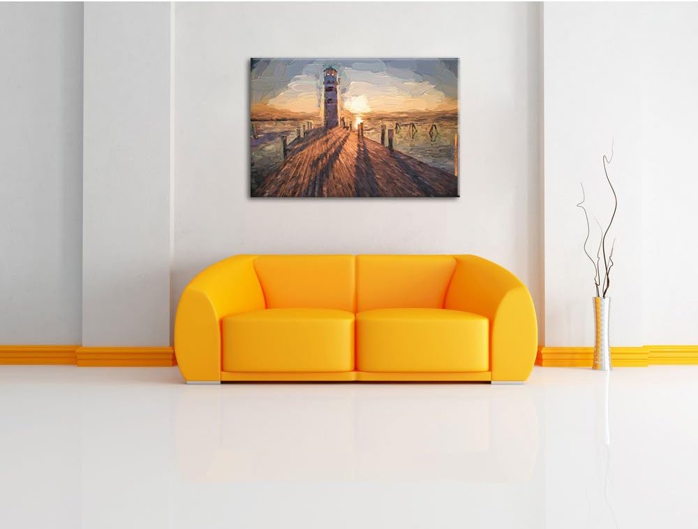 Pixxprint Leuchtturm am Steg als Leinwandbild/Grösse: 100x70 cm/Wandbild/Kunstdruck/fertig bespannt,