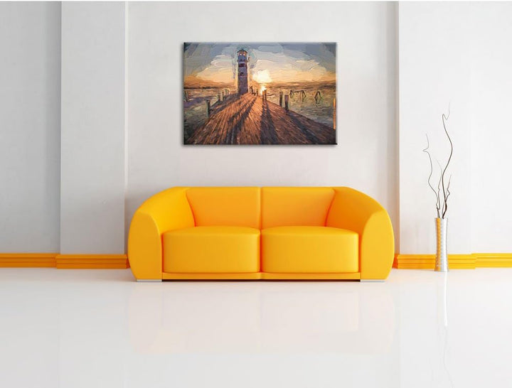 Pixxprint Leuchtturm am Steg als Leinwandbild/Grösse: 100x70 cm/Wandbild/Kunstdruck/fertig bespannt,