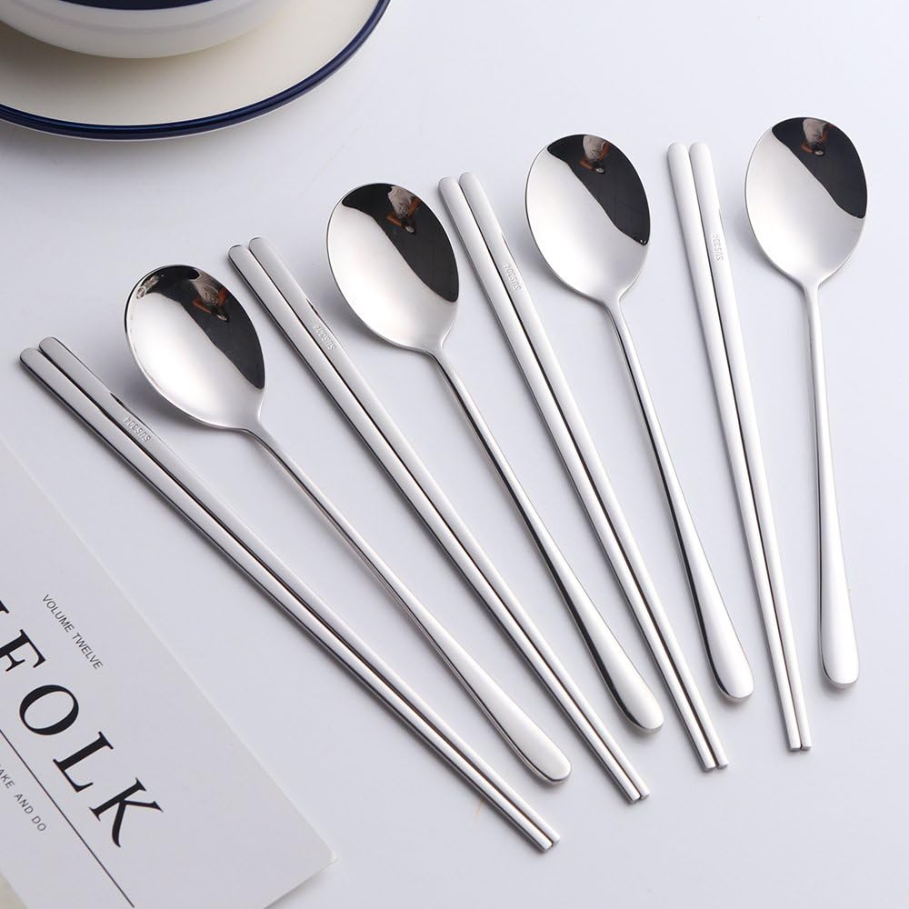 Buyer Star 4 Sätze flaches Essstäbchen Koreanischer Löffel 8 Stück Rostfreier Stahl Stäbchen Löffel
