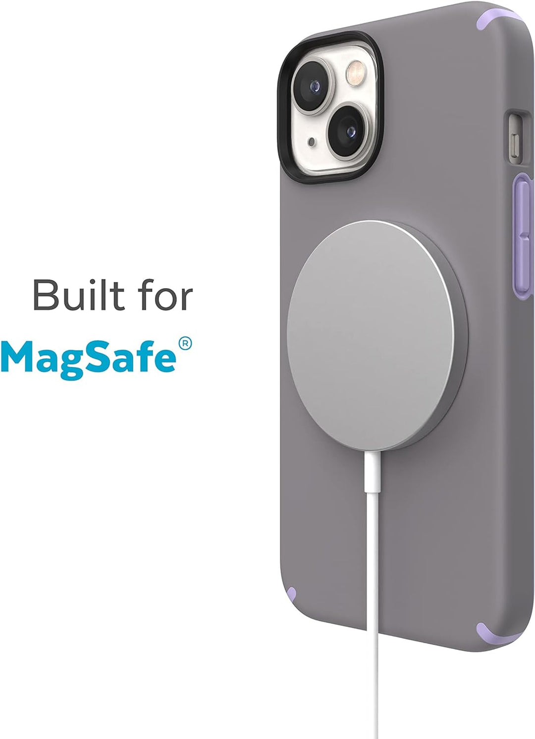 Speck Produkte CandyShell Pro iPhone 14 Hülle, kompatibel mit MagSafe, Cloudy Grey/Spring Purple Wol