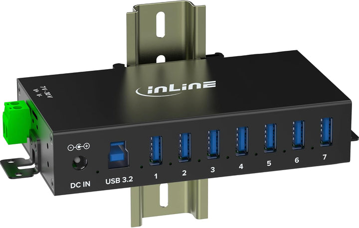 Inline USB 3.2 Gen.1 Industrie-Hub mit 7 Ports, Aluminiumgehäuse, DIN-Schienen-Montage, aktiver USB-