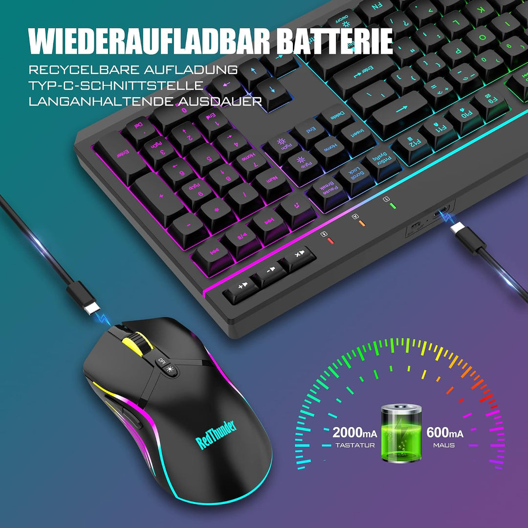 RedThunder K20 Rechargeable Kabelloses Tastatur und Maus Set, QWERTZ DE Layout, RGB Hintergrundbeleu