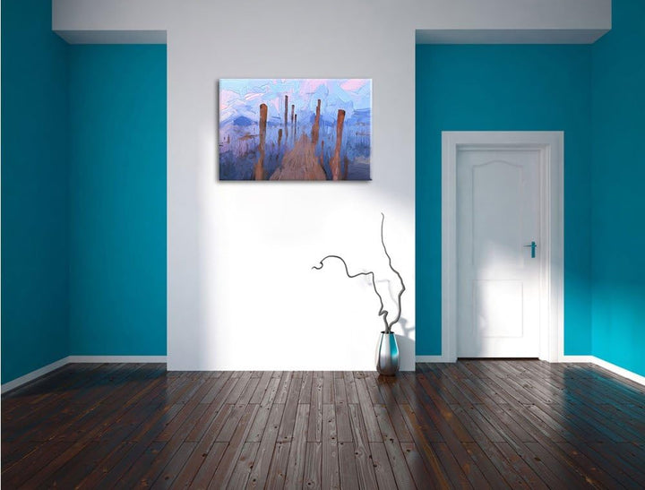 Pixxprint Holzsteg am Meer als Leinwandbild/Grösse: 100x70 cm/Wandbild/Kunstdruck/fertig bespannt, 1