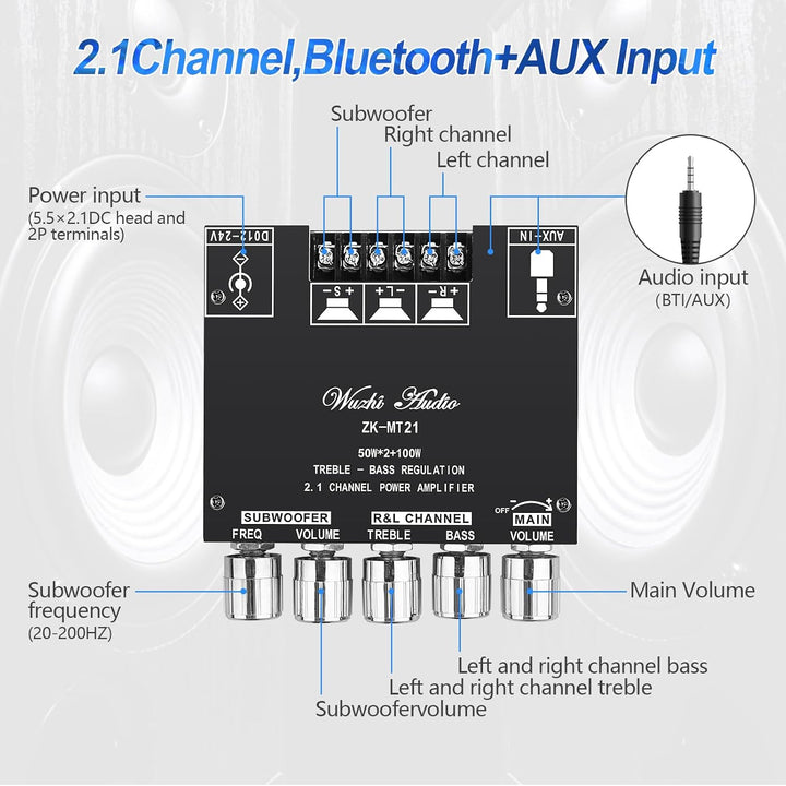 Bluetooth HiFi-Verstärker ZK-MT21 2.1 Kanäle Mini Stereo-Audioverstärker 50W x 2 +100W Class D Digit