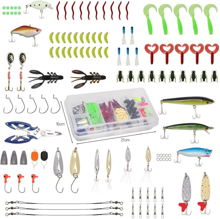 Angelköder Set 120 Teile – Wobbler, Spinner, Gummiköder, Jigköpfe, Vorfächer & Zange in UV- & korros