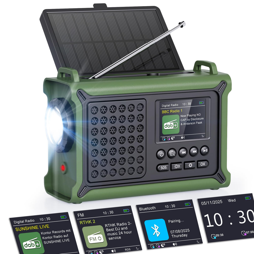 ROCAM Tragbares DAB+ Radio mit Bluetooth, 12000mAh Kurbelradio mit 8500mm² Solarpanel &amp; 650mA Kurbel