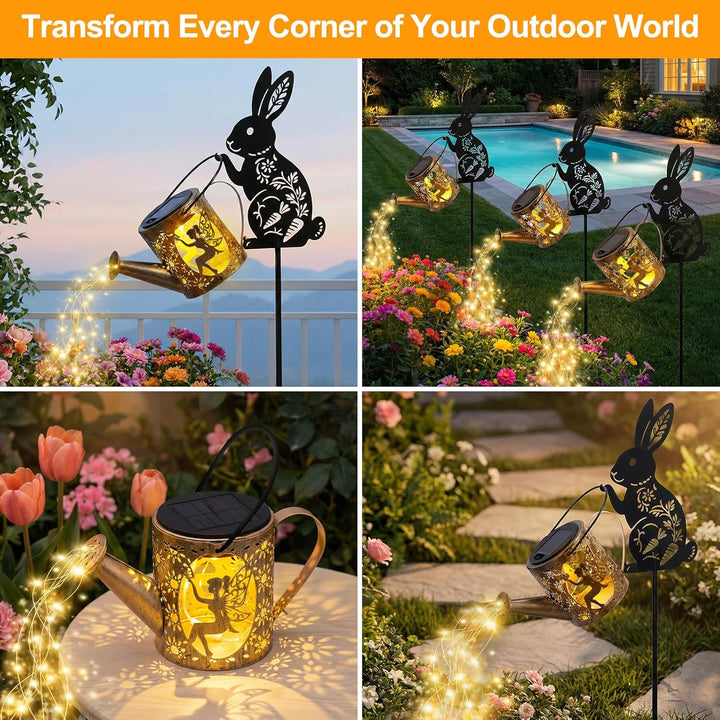 Solargiesskanne-Licht mit Hasen-Silhouette-Stecker & Feendesign – Kaskaden-LED-Lichterkette für Gart