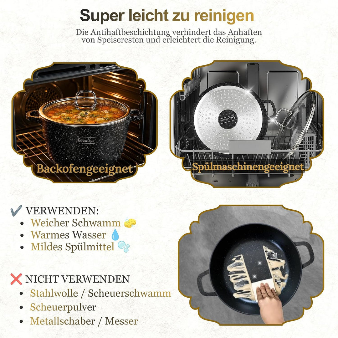 GOLDMANN 28 CM - 10L - Aluguss-Kochtopf/Suppentopf mit Glasdeckel und Silikongriffen, Marmor-Keramik