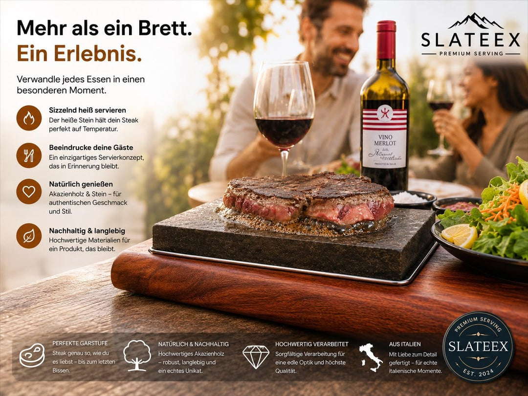 Heisser Stein Steak Set mit Akazienholzbrett – Lavastein zum Grillen am Tisch, Steakstein mit Edelst
