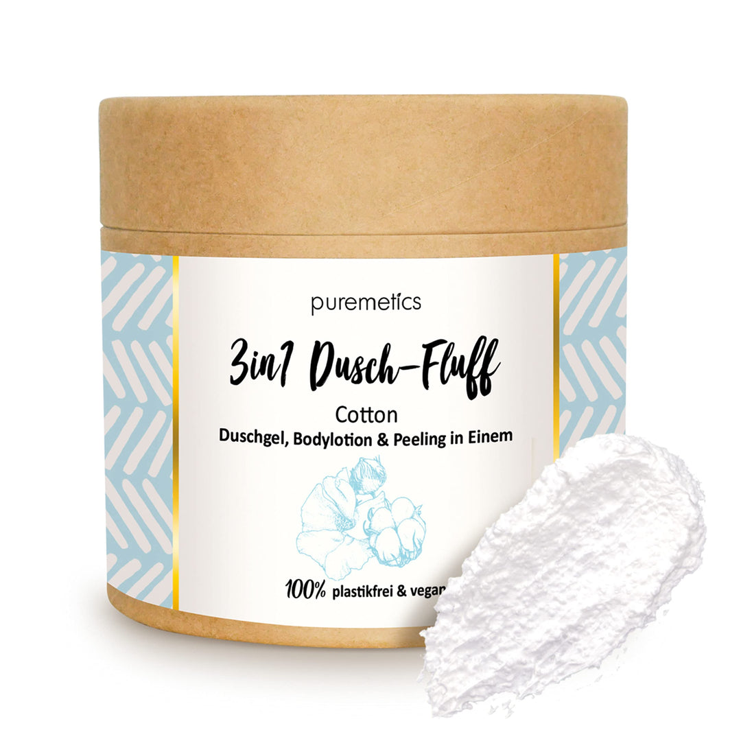 puremetics 3in1 Dusch-Fluff Cotton mit Zuckerpeeling, 250g Duschgel, Peeling und Lotion in Einem, ve