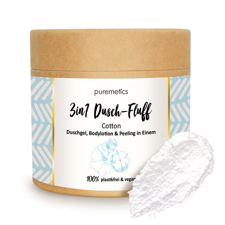 puremetics 3in1 Dusch-Fluff Cotton mit Zuckerpeeling, 250g Duschgel, Peeling und Lotion in Einem, ve