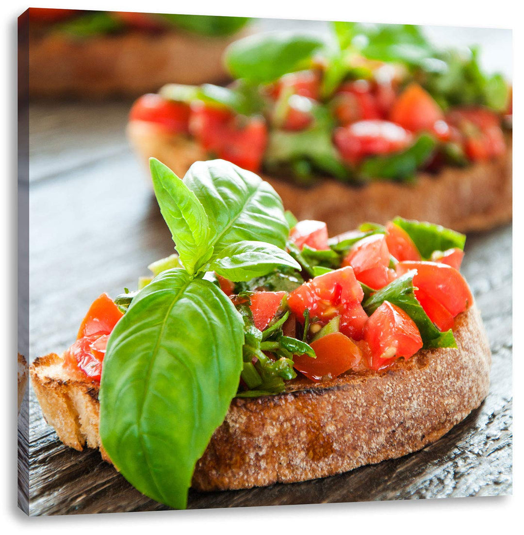 Pixxprint Köstliche Tomaten Bruchetta, Format: 70x70 auf Leinwand, 70x70