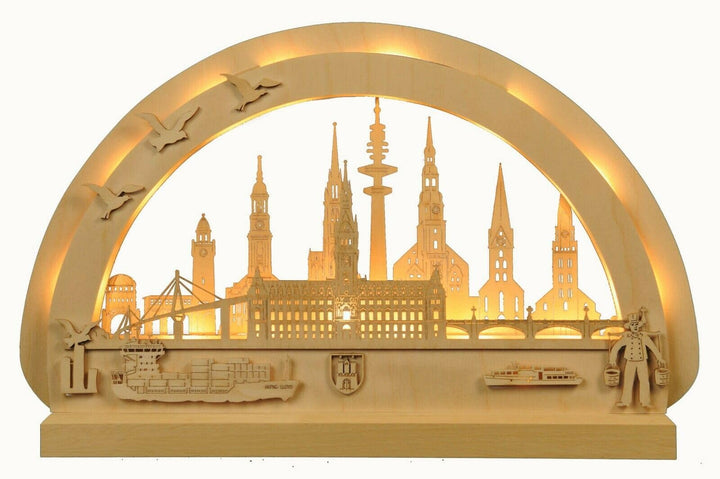 MM Holzkunstgewerbe Schwibbogen Lübeck Original Erzgebirge mit LED Beleuchtung Birkenholz 400x300mm