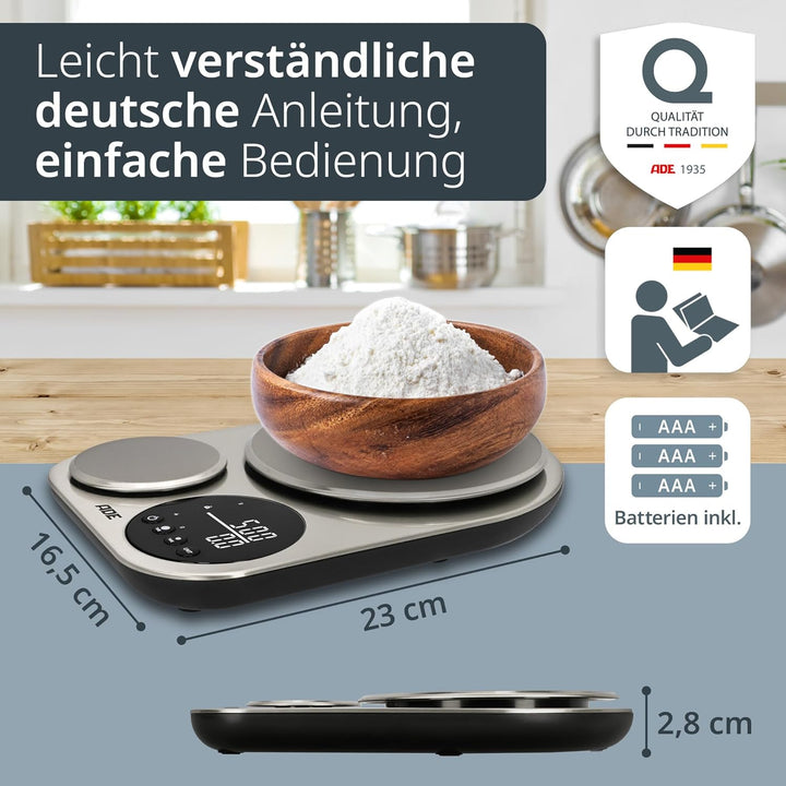ADE Küchenwaage digital mit 2 Plattformen 5kg/1g & 500g/0,1g | duale Präzisionswaage auf 0,1g genau