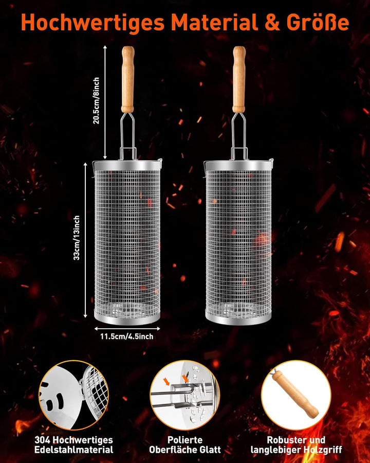 OWZ Rollendes Grillkorb Set - 2 Stück Grillkorb Edelstahl mit Holzgriff - Rolling Grilling Basket -